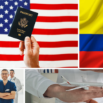 Hand holding a passport with the US and Colombian flags in the background, alongside a small airplane model, representing international medical tourism. A doctor in blue scrubs stands nearby, symbolizing professional healthcare services available abroad.