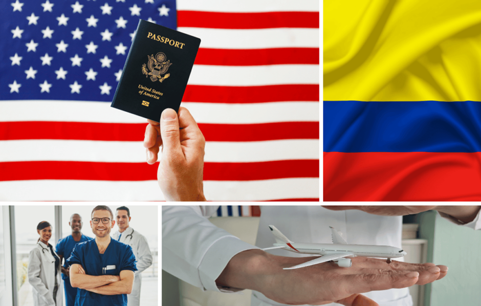 Hand holding a passport with the US and Colombian flags in the background, alongside a small airplane model, representing international medical tourism. A doctor in blue scrubs stands nearby, symbolizing professional healthcare services available abroad.