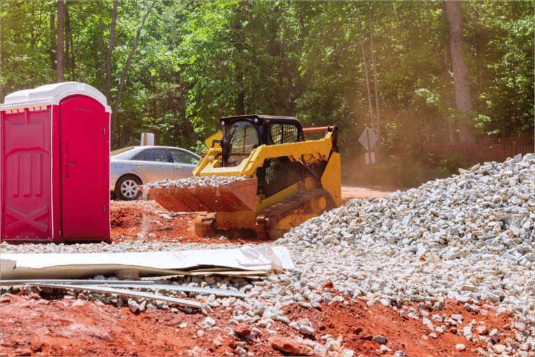 Construction site skid steer loader moving gravel, showing conditions where mobile oil change service trucks support field crews