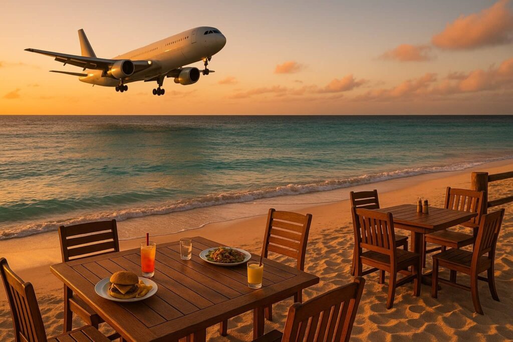 Beachfront-restaurant-Maho-St.-Maarten-with-ocean-view-and-low-flying-plane