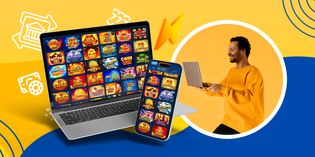 A laptop and smartphone displaying a grid of colorful online slot games, with a smiling person holding a laptop on the right side against a bright yellow and blue background.