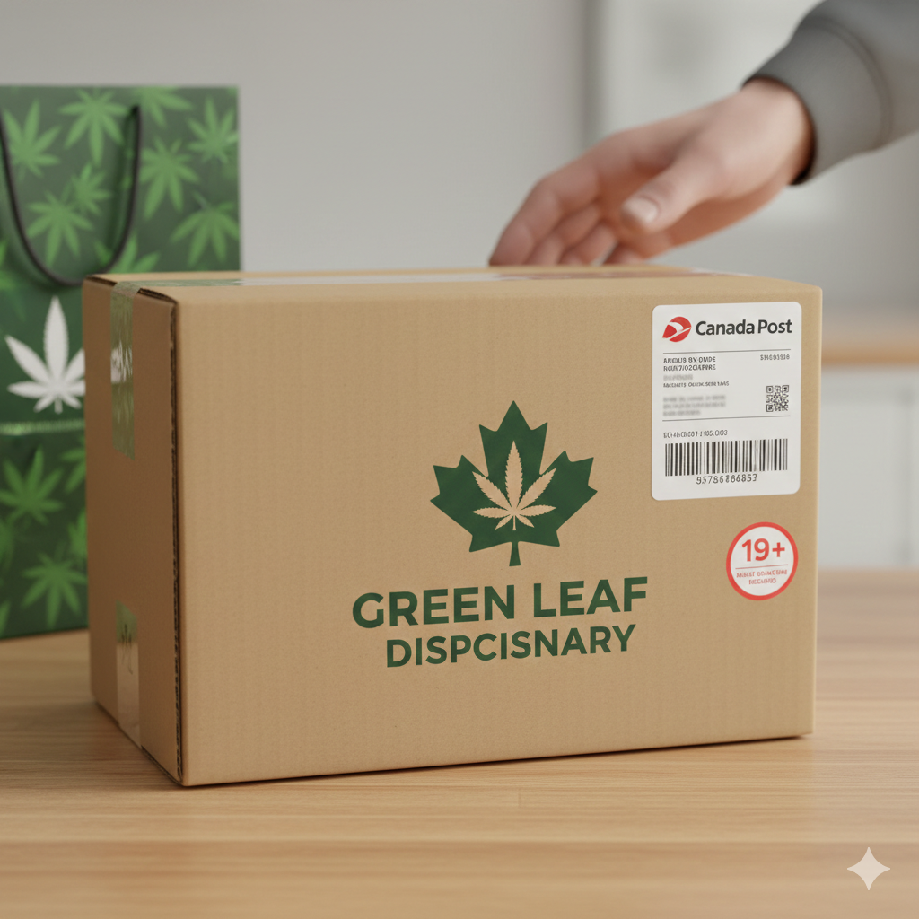 Canada Post package with cannabis dispensary branding - royalty-free stock photo