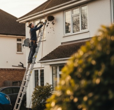 Worker on ladder cleaning gutters from roof edge
