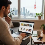 Person browsing cannabis edibles on a laptop in Canada - royalty-free stock photo