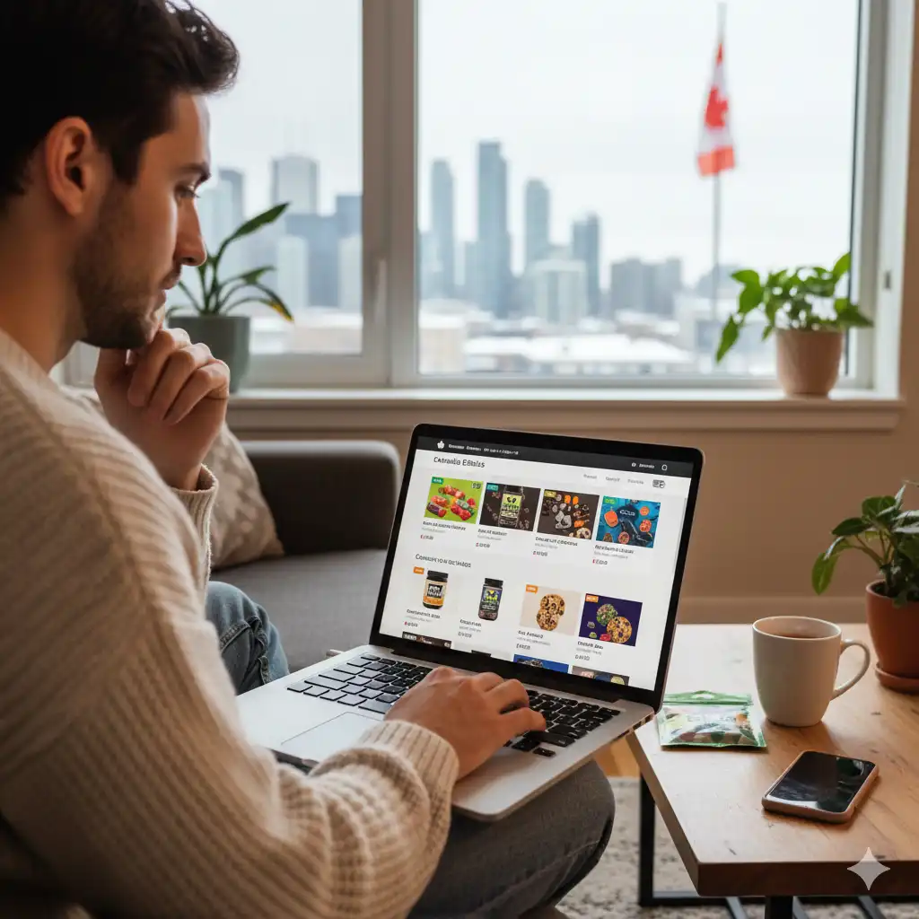 Person browsing cannabis edibles on a laptop in Canada - royalty-free stock photo