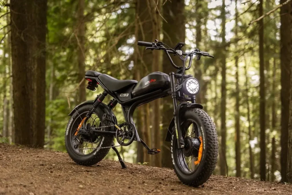 Emoko C93 fat tire electric bike on a forest trail