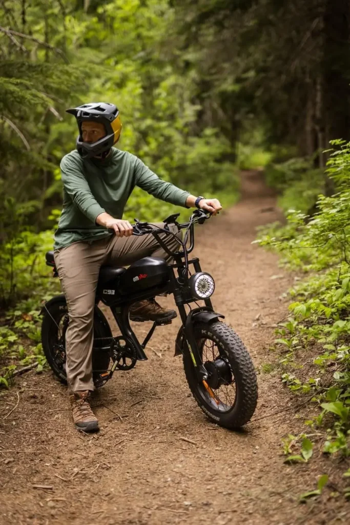 Rider using the Emoko C93 on a forest trail